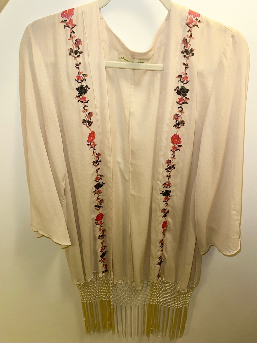 Anthropologie Embroidered Floral Fringe Tunic in Cream
